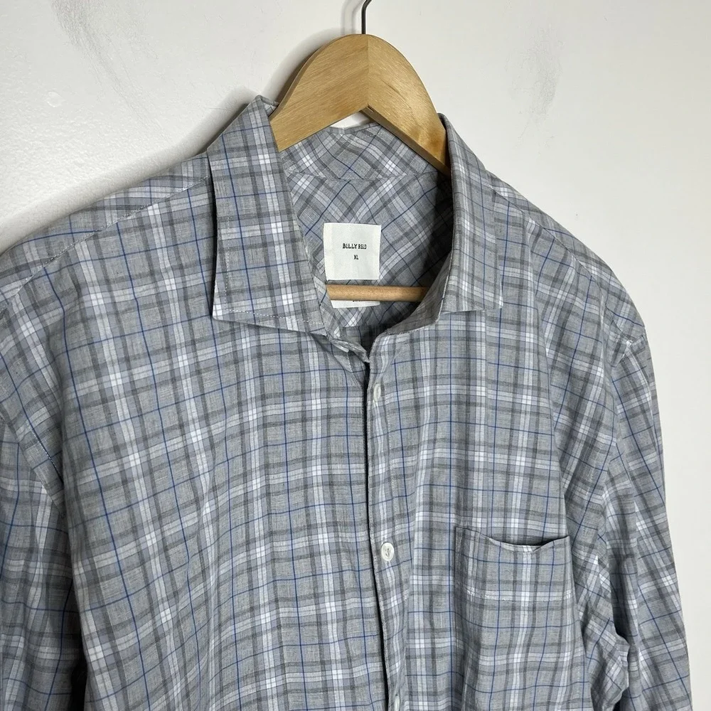 Billy Reid Standard Fit Plaid Button Up Shirt Gray Blue Mens Size XL Cotton
